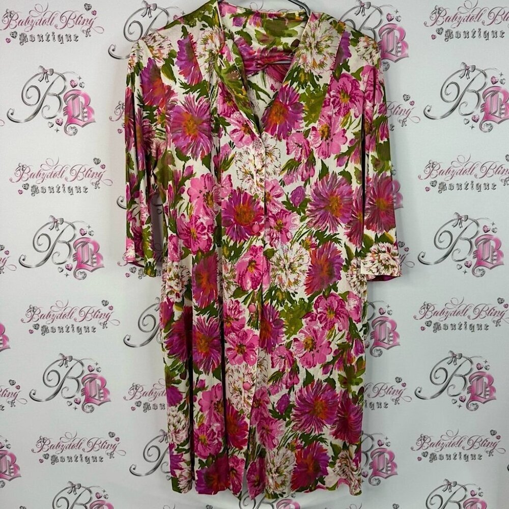 Dress vintage button up Floral Pink and Green Dress flowers